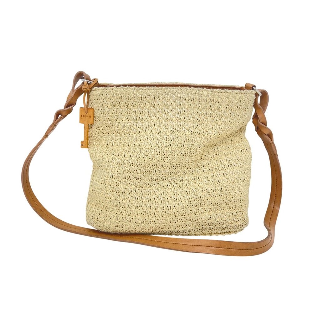 Fossil Straw Crossbody Bag Braided Leather Strap Zipper Closure Logo Key Y2K
